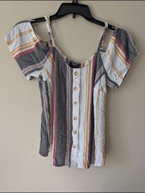 Torrid Striped Button-Front Cold-Shoulder Top in Multi-Color